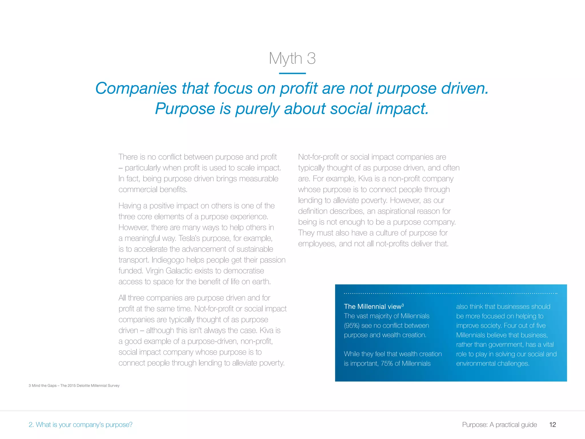 12Purpose: A practical guide
There is no conflict between purpose and profit
– particularly when profit is used to scale impact.
In fact, being purpose driven brings measurable
commercial benefits.
Having a positive impact on others is one of the
three core elements of a purpose experience.
However, there are many ways to help others in
a meaningful way. Tesla’s purpose, for example,
is to accelerate the advancement of sustainable
transport. Indiegogo helps people get their passion
funded. Virgin Galactic exists to democratise
access to space for the benefit of life on earth.
All three companies are purpose driven and for
profit at the same time. Not-for-profit or social impact
companies are typically thought of as purpose
driven – although this isn’t always the case. Kiva is
a good example of a purpose-driven, non-profit,
social impact company whose purpose is to
connect people through lending to alleviate poverty.
Not-for-profit or social impact companies are
typically thought of as purpose driven, and often
are. For example, Kiva is a non-profit company
whose purpose is to connect people through
lending to alleviate poverty. However, as our
definition describes, an aspirational reason for
being is not enough to be a purpose company.
They must also have a culture of purpose for
employees, and not all not-profits deliver that.
Myth 3
Companies that focus on profit are not purpose driven.
Purpose is purely about social impact.
The Millennial view3
The vast majority of Millennials
(95%) see no conflict between
purpose and wealth creation.
While they feel that wealth creation
is important, 75% of Millennials
also think that businesses should
be more focused on helping to
improve society. Four out of five
Millennials believe that business,
rather than government, has a vital
role to play in solving our social and
environmental challenges.
3 Mind the Gaps – The 2015 Deloitte Millennial Survey
2. What is your company’s purpose?
 
