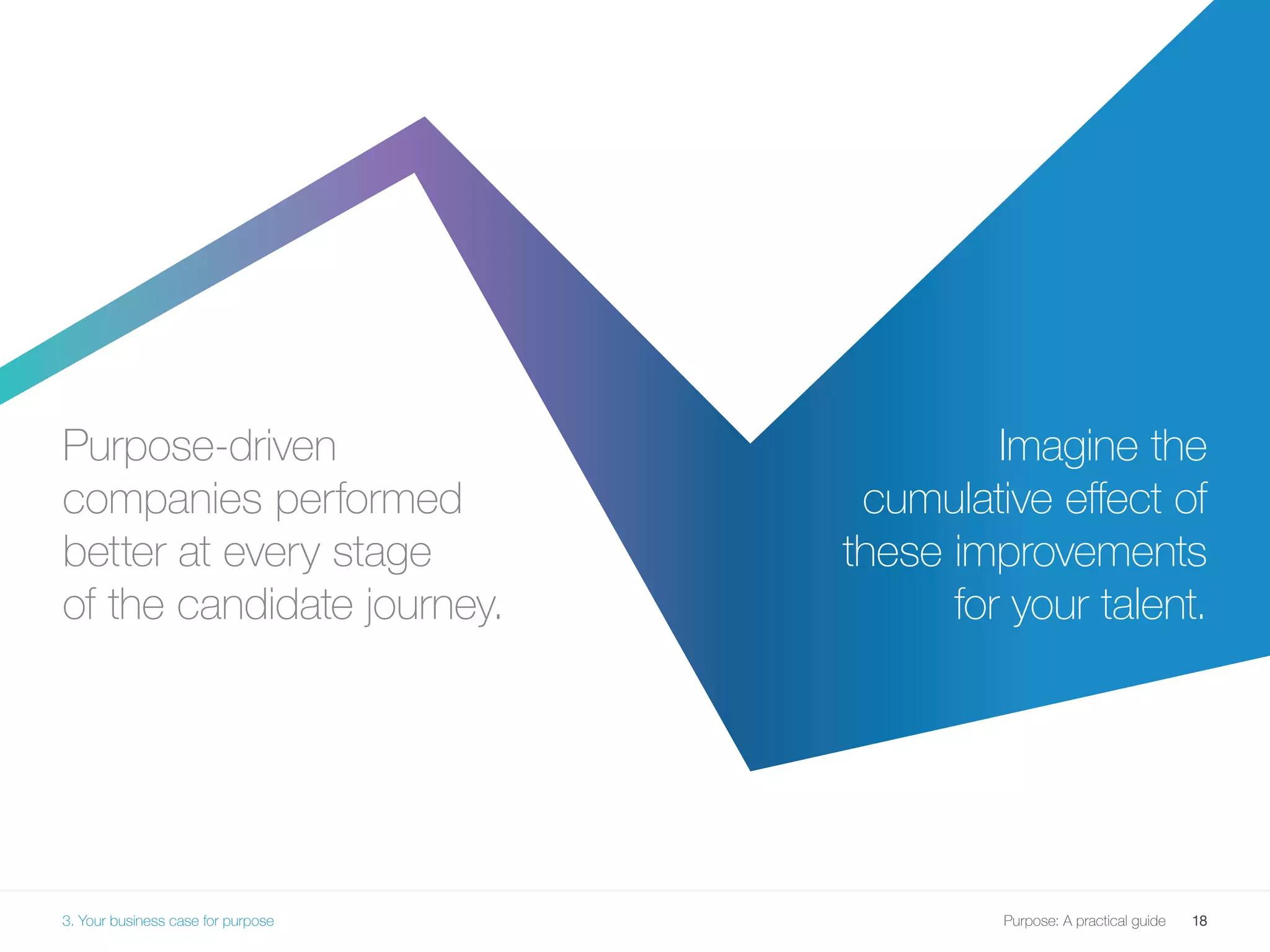 18Purpose: A practical guide
Imagine the
cumulative effect of
these improvements
for your talent.
3. Your business case for purpose
Purpose-driven
companies performed
better at every stage
of the candidate journey.
 