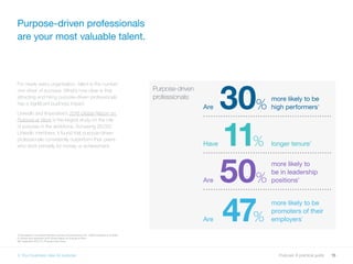 15Purpose: A practical guide
For nearly every organisation, talent is the number
one driver of success. What’s now clear is that
attracting and hiring purpose-driven professionals
has a significant business impact.
LinkedIn and Imperative’s 2016 Global Report on
Purpose at Work is the largest study on the role
of purpose in the workforce. Surveying 26,000
LinkedIn members, it found that purpose-driven
professionals consistently outperform their peers
who work primarily for money or achievement.
Purpose-driven professionals
are your most valuable talent.
4 Data based on correlation between purpose and performance for ~2000 employees at LinkedIn
5 LinkedIn and Imperative 2016 Global Report on Purpose at Work
67 Imperative 2015 U.S. Purpose Index study
3. Your business case for purpose
30%
11%
50%
47%
Purpose-driven
professionals:
Are
Have
Are
Are
more likely to be
high performers4
longer tenure5
more likely to
be in leadership
positions6
more likely to be
promoters of their
employers7
 