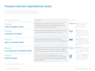 19Purpose: A practical guide
Organisational benefits Take action Examples
Purpose
instils strategic clarity
Use purpose as a guide for daily decision making and
a lens for long-term decision making, particularly in times
of transformation and rising expectations.
Tesla decided to share its
portfolio to advance electric
vehicle technology as a
long-term market strategy.
Purpose
channels innovation
Use purpose to frame creativity and innovation and maintain
focus on customer needs (rather than on a product).
Dove’s purpose: to make
every woman in the world feel
comfortable with her appearance
rather than sell more soap.
Revenue grew from $2.4b to $4b
in last decade.
Purpose
taps a universal need
Use purpose to motivate and unite a diverse team
through a common desire to contribute to a meaningful goal.
Procter  Gamble’s former CMO
Jim Stengal found that purpose
‘unifies RD and engineering and
marketing and sales and everyone
around the difference they are
trying to make.’
Purpose
is a response to transformation
Keep purpose at the forefront of transformation to help people
understand the long-term context of short-term changes –
and to ensure the focus of change is positive and inspiring.
Bupa Arabia realised its purpose
was more about healthcare than
insurance, helping the company
grow from 50k customers in 2013
to 750k in 2014.
Purpose
builds bridges
In the context of a commercial collaboration such as
joint ventures or mergers and acquisitions, a clearly stated
purpose can help demonstrate cultural alignment between
potential partners.
Due to purpose, Unilever’s CEO
found that ‘more suppliers want
to work with us now because
it energises their employees and
business models as well.’
9 The state of the debate on purpose in business, EY Beacon Institute, 2016.
Purpose improves organisational results.
The EY Beacon Institute led purpose-minded companies to
define 5 ways you can use purpose for organisational benefits.9
3. Your business case for purpose
 