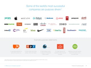 7Purpose: A practical guide
Some of the world’s most successful
companies are purpose driven:1
Example purpose statements
1 Note: Example companies the authors are inspired by. We have only audited some of them for compliance with the definition of a purpose company, including:
IDEO, Nike, Cancer Research UK, LinkedIn, SolarCity, Southwest, Clif, GOOD, Airbnb, Fitbit, Patagonia, Cisco, and EY.
To draw global attention to
stories that connect us.
To share stories that matter,
amuse, inform and inspire.
To democratise access
to space for the benefit
of life on earth.
To create freedoms for
customers without access
to power.
Believing community extends
beyond the places where
we have stores.
2. What is your company’s purpose?
 