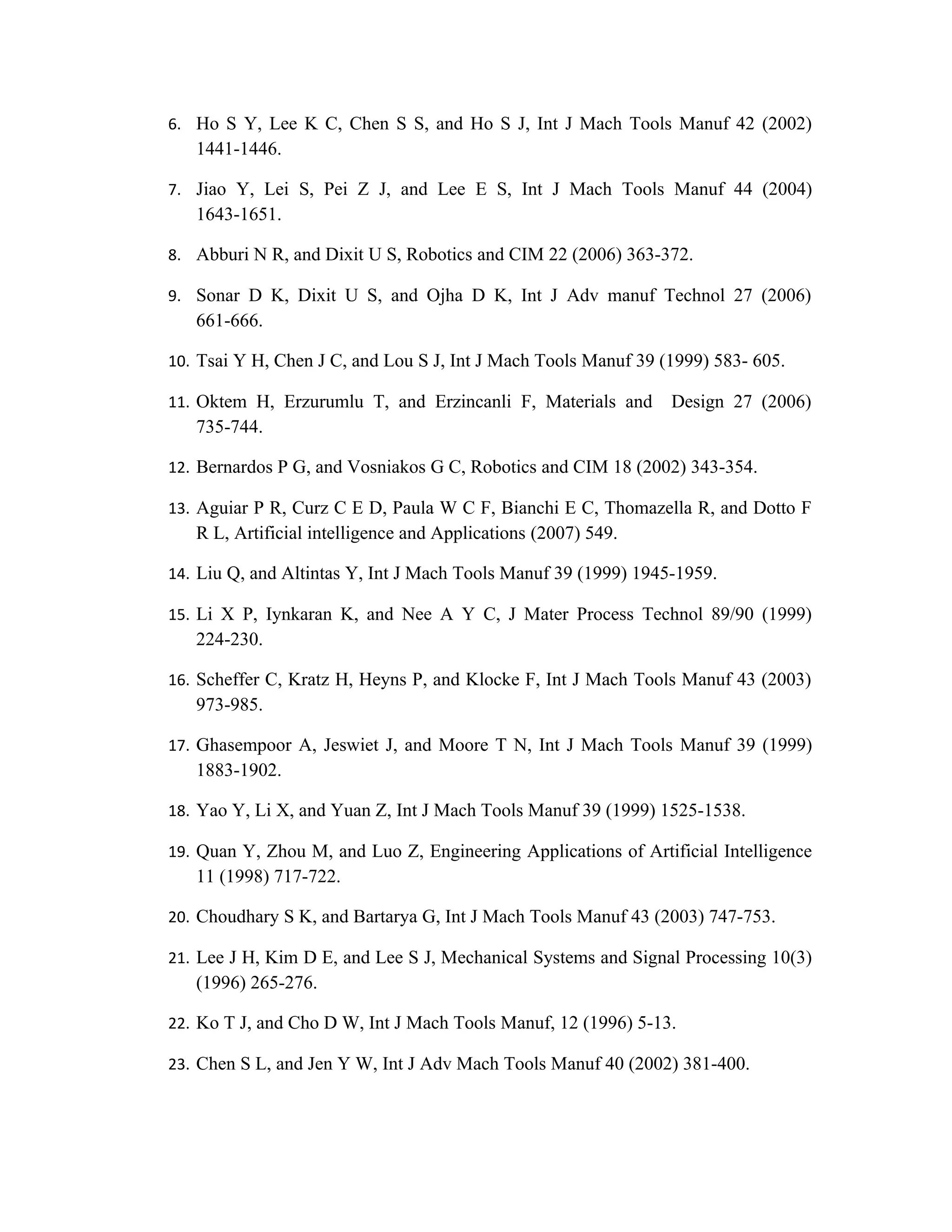 6. Ho S Y, Lee K C, Chen S S, and Ho S J, Int J Mach Tools Manuf 42 (2002)
   1441-1446.

7. Jiao Y, Lei S, Pei Z J, and Lee E S, Int J Mach Tools Manuf 44 (2004)
   1643-1651.

8. Abburi N R, and Dixit U S, Robotics and CIM 22 (2006) 363-372.

9. Sonar D K, Dixit U S, and Ojha D K, Int J Adv manuf Technol 27 (2006)
   661-666.

10. Tsai Y H, Chen J C, and Lou S J, Int J Mach Tools Manuf 39 (1999) 583- 605.

11. Oktem H, Erzurumlu T, and Erzincanli F, Materials and       Design 27 (2006)
   735-744.

12. Bernardos P G, and Vosniakos G C, Robotics and CIM 18 (2002) 343-354.

13. Aguiar P R, Curz C E D, Paula W C F, Bianchi E C, Thomazella R, and Dotto F
   R L, Artificial intelligence and Applications (2007) 549.

14. Liu Q, and Altintas Y, Int J Mach Tools Manuf 39 (1999) 1945-1959.

15. Li X P, Iynkaran K, and Nee A Y C, J Mater Process Technol 89/90 (1999)
   224-230.

16. Scheffer C, Kratz H, Heyns P, and Klocke F, Int J Mach Tools Manuf 43 (2003)
   973-985.

17. Ghasempoor A, Jeswiet J, and Moore T N, Int J Mach Tools Manuf 39 (1999)
   1883-1902.

18. Yao Y, Li X, and Yuan Z, Int J Mach Tools Manuf 39 (1999) 1525-1538.

19. Quan Y, Zhou M, and Luo Z, Engineering Applications of Artificial Intelligence
   11 (1998) 717-722.

20. Choudhary S K, and Bartarya G, Int J Mach Tools Manuf 43 (2003) 747-753.

21. Lee J H, Kim D E, and Lee S J, Mechanical Systems and Signal Processing 10(3)
   (1996) 265-276.

22. Ko T J, and Cho D W, Int J Mach Tools Manuf, 12 (1996) 5-13.

23. Chen S L, and Jen Y W, Int J Adv Mach Tools Manuf 40 (2002) 381-400.
 