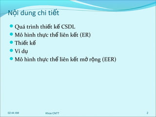 Nội dung chi tiết
Quá trình thiết kế CSDL
Mô hình thực thể liên kết (ER)
Thiết kế
Ví dụ
Mô hình thực thể liên kết mở rộng (EER)

02:44 AM

Khoa CNTT

2

 
