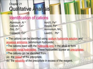 Identification of cations Aluminium, Al  3+ Iron(II), Fe 2+ Calcium, Ca 2+ Iron(III), Fe 3+ Zinc, Zn 2+ Ammonium, NH 4 + Copper(II), Cu 2+ Lead(II),  Pb 2+ Qualitative Analysis Chapter 21 The cations can be identified using  sodium hydroxide solution  and  aqueous ammonia  (ammonium hydroxide). The cations react with the  hydroxide ions  in the alkali to form  insoluble metal hydroxides . These hydroxides appear as  precipitates . The cations can be identified from:  (a)  the  colour  of the precipitate, (b)  the  solubility  of the precipitate in excess of the reagent. 