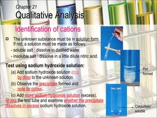 Identification of cations The unknown substance must be in  solution form .  If not, a solution must be made as follows: - soluble salt : dissolve in distilled water. - insoluble salt : dissolve in a little dilute nitric acid. Test using sodium hydroxide solution: (a) Add sodium hydroxide solution  drop   by drop  to the unknown solution. (b) Observe the  precipitate  formed and   note its colour . (c) Add  more sodium hydroxide solution  (excess).  Shake  the test tube and examine  whether the precipitate dissolves in excess  sodium hydroxide solution.  Ppt. formed Colourless/ soluble Qualitative Analysis Chapter 21 