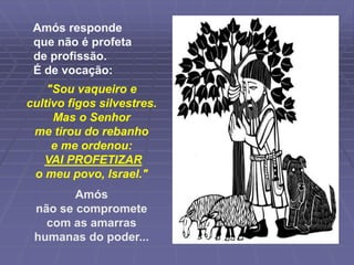Amós responde
que não é profeta
de profissão.
É de vocação:
"Sou vaqueiro e
cultivo figos silvestres.
Mas o Senhor
me tirou do rebanho
e me ordenou:
VAI PROFETIZAR
o meu povo, Israel."
Amós
não se compromete
com as amarras
humanas do poder...
 