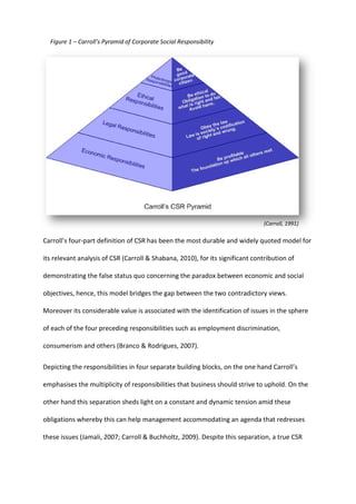 Carroll’s four-part definition of CSR has been the most durable and widely quoted model for
its relevant analysis of CSR (Carroll & Shabana, 2010), for its significant contribution of
demonstrating the false status quo concerning the paradox between economic and social
objectives, hence, this model bridges the gap between the two contradictory views.
Moreover its considerable value is associated with the identification of issues in the sphere
of each of the four preceding responsibilities such as employment discrimination,
consumerism and others (Branco & Rodrigues, 2007).
Depicting the responsibilities in four separate building blocks, on the one hand Carroll’s
emphasises the multiplicity of responsibilities that business should strive to uphold. On the
other hand this separation sheds light on a constant and dynamic tension amid these
obligations whereby this can help management accommodating an agenda that redresses
these issues (Jamali, 2007; Carroll & Buchholtz, 2009). Despite this separation, a true CSR
Figure 1 – Carroll’s Pyramid of Corporate Social Responsibility
(Carroll, 1991)
 