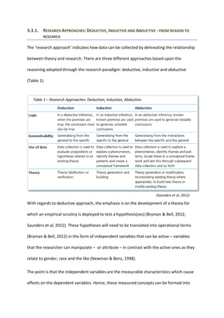 3.3.1. RESEARCH APPROACHES: DEDUCTIVE, INDUCTIVE AND ABDUCTIVE - FROM REASON TO
RESEARCH
The ‘research approach’ indicates how data can be collected by delineating the relationship
between theory and research. There are three different approaches based upon the
reasoning adopted through the research paradigm: deductive, inductive and abductive
(Table 1).
With regards to deductive approach, the emphasis is on the development of a theory for
which an empirical scrutiny is deployed to test a hypothesis(ses) (Bryman & Bell, 2012;
Saunders et al, 2012). These hypotheses will need to be translated into operational terms
(Bryman & Bell, 2012) in the form of independent variables that can be active – variables
that the researcher can manipulate – or attribute – in contrast with the active ones as they
relate to gender, race and the like (Newman & Benz, 1998).
The point is that the independent variables are the measurable characteristics which cause
effects on the dependent variables. Hence, these measured concepts can be formed into
Table 1 – Research Approaches: Deduction, Induction, Abduction
(Saunders et al, 2012)
 