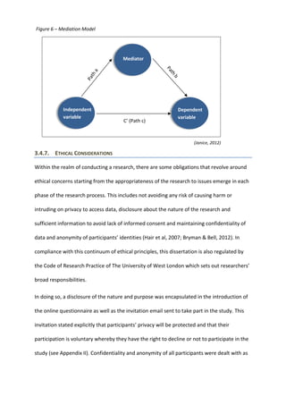 Independent
variable
Dependent
variable
C’ (Path c)
Mediator
3.4.7. ETHICAL CONSIDERATIONS
Within the realm of conducting a research, there are some obligations that revolve around
ethical concerns starting from the appropriateness of the research to issues emerge in each
phase of the research process. This includes not avoiding any risk of causing harm or
intruding on privacy to access data, disclosure about the nature of the research and
sufficient information to avoid lack of informed consent and maintaining confidentiality of
data and anonymity of participants’ identities (Hair et al, 2007; Bryman & Bell, 2012). In
compliance with this continuum of ethical principles, this dissertation is also regulated by
the Code of Research Practice of The University of West London which sets out researchers’
broad responsibilities.
In doing so, a disclosure of the nature and purpose was encapsulated in the introduction of
the online questionnaire as well as the invitation email sent to take part in the study. This
invitation stated explicitly that participants’ privacy will be protected and that their
participation is voluntary whereby they have the right to decline or not to participate in the
study (see Appendix II). Confidentiality and anonymity of all participants were dealt with as
(Janice, 2012)
Figure 6 – Mediation Model
 