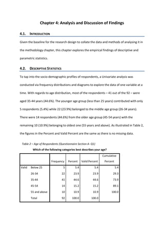 Chapter 4: Analysis and Discussion of Findings
4.1. INTRODUCTION
Given the baseline for the research design to collate the data and methods of analysing it in
the methodology chapter, this chapter explores the empirical findings of descriptive and
parametric statistics.
4.2. DESCRIPTIVE STATISTICS
To tap into the socio-demographic profiles of respondents, a Univariate analysis was
conducted via frequency distributions and diagrams to explore the data of one variable at a
time. With regards to age distribution, most of the respondents – 41 out of the 92 – were
aged 35-44 years (44.6%). The younger age group (less than 25 years) contributed with only
5 respondents (5.4%) while 22 (23.9%) belonged to the middle age group (26-34 years).
There were 14 respondents (44.6%) from the older age group (45-54 years) with the
remaining 10 (10.9%) belonging to oldest one (55 years and above). As illustrated in Table 2,
the figures in the Percent and Valid Percent are the same as there is no missing data.
Which of the following categories best describes your age?
Frequency Percent Valid Percent
Cumulative
Percent
Valid Below 25 5 5.4 5.4 5.4
26-34 22 23.9 23.9 29.3
35-44 41 44.6 44.6 73.9
45-54 14 15.2 15.2 89.1
55 and above 10 10.9 10.9 100.0
Total 92 100.0 100.0
Table 2 – Age of Respondents (Questionnaire Section A- Q1)
 