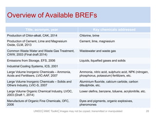 Overview of Available BREFs
28
Title, acronym, year Key chemicals addressed
Production of Chlor-alkali, CAK, 2014 Chlorine, brine
Production of Cement, Lime and Magnesium
Oxide, CLM, 2013
Cement, lime, magnesium
Common Waste Water and Waste Gas Treatment,
CWW, 2003 (Final draft 2014)
Wastewater and waste gas
Emissions from Storage, EFS, 2006 Liquids, liquefied gases and solids
Industrial Cooling Systems, ICS, 2001
Large Volume Inorganic Chemicals – Ammonia,
Acids and Fertilisers, LVIC-AAF, 2007
Ammonia, nitric acid, sulphuric acid, NPK (nitrogen,
phosphorus, potassium) fertilizers, etc.
Large Volume Inorganic Chemicals – Solids and
Others Industry, LVIC-S, 2007
Aluminium fluoride, calcium carbide, carbon
dilsulphide, etc.
Large Volume Organic Chemical Industry, LVOC,
2003 (Draft 1, 2014)
Lower olefins, benzene, toluene, acrylonitrile, etc.
Manufacture of Organic Fine Chemicals, OFC,
2006
Dyes and pigments, organic explosives,
pheromones
UNIDO│IAMC Toolkit│Images may not be copied, transmitted or manipulated
 