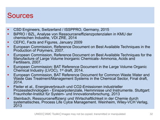 Sources
UNIDO│IAMC Toolkit│Images may not be copied, transmitted or manipulated 32
 CSD Engineers, Switzerland / ISSPPRO, Germany, 2015
 BiPRO / BZL, Analyse von Ressourceneffizienzpotenzialen in KMU der
chemischen Industrie, VDI ZRE, 2014
 CEFIC, Facts and Figures, January 2009
 European Commission, Reference Document on Best Available Techniques in the
Production of Polymers, 2007.
 European Commission, Reference Document on Best Available Techniques for the
Manufacture of Large Volume Inorganic Chemicals- Ammonia, Acids and
Fertilisers, 2007.
 European Commission: BAT Reference Document in the Large Volume Organic
Chemical Industry (LVOC), 1st draft, 2014.
 European Commission, BAT Reference Document for Common Waste Water and
Waste Gas Treatment/Management Systems in the Chemical Sector, Final draft,
2014.
 Fleiter et al., Energieverbrauch und CO2-Emissionen industrieller
Prozesstechnologien - Einsparpotenziale, Hemmnisse und Instrumente. Stuttgart:
Fraunhofer-Institut für System- und Innovationsforschung, 2013
 Steinbach, Ressourceneffizienz und Wirtschaftlichkeit in der Chemie durch
systematisches, Process Life Cylce Management. Weinheim, Wiley-VCH Verlag,
2013
 
