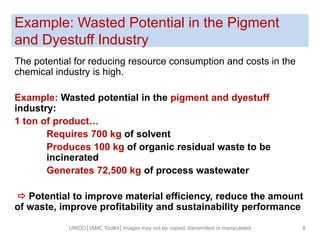 Example: Wasted Potential in the Pigment
and Dyestuff Industry
The potential for reducing resource consumption and costs in the
chemical industry is high.
Example: Wasted potential in the pigment and dyestuff
industry:
1 ton of product…
Requires 700 kg of solvent
Produces 100 kg of organic residual waste to be
incinerated
Generates 72,500 kg of process wastewater
 Potential to improve material efficiency, reduce the amount
of waste, improve profitability and sustainability performance
8UNIDO│IAMC Toolkit│Images may not be copied, transmitted or manipulated
 