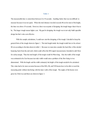Table 1
The measureable time is somewhere between 2 to 10 seconds. Anything below that was too difficult to
measure because it was too quick. When the total distance traveled exceeds 80 cm for most of the height,
the time was above 10 seconds. However, there was no point of designing the trough longer than it has to
be. The longer trough means higher cost. My goal in designing the trough was to not only build operable
design but that’s also cost effective.
With the sample calculations, I could now start the designing of the trough. I decided to keep the
general form of the trough shown in figure 1. The total length inside the trough would have to be at least
80 cm according to the data shown in table 1. Because we must also consider the back flow of the alcohol
bouncing back from the end wall, which could affect the SFG signal measurement,I decided to add 10cm
for safety margin. Thus the total length of the trough would be 90cm long. Also the width of the trough
was estimated to be 5cm because too wide width would raise a problem of the flow being in two
dimensional. With the length and the width estimated, the height of the trough needed to be calculated.
This value had to be more accurate because of the SFG, IR, and VIS beams have to be able to reach the
measuring point without interfering with the inner walls of the trough. The angles of the beams were
given by Chris Lee and there are shown in figure 3.
 