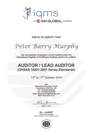 B Murphy OSHAS 18001 Lead Auditor