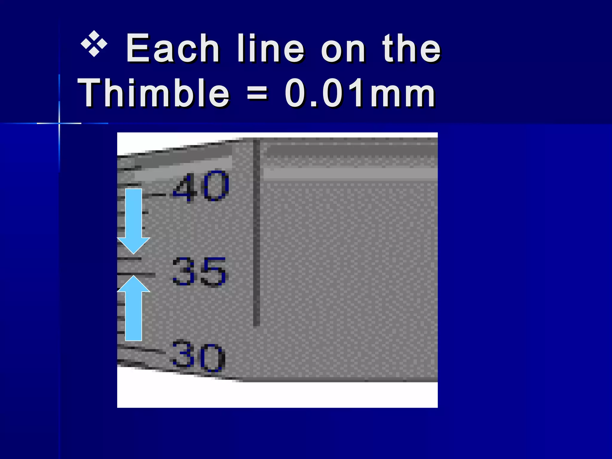  Each line on theEach line on the
Thimble = 0.01mmThimble = 0.01mm
 