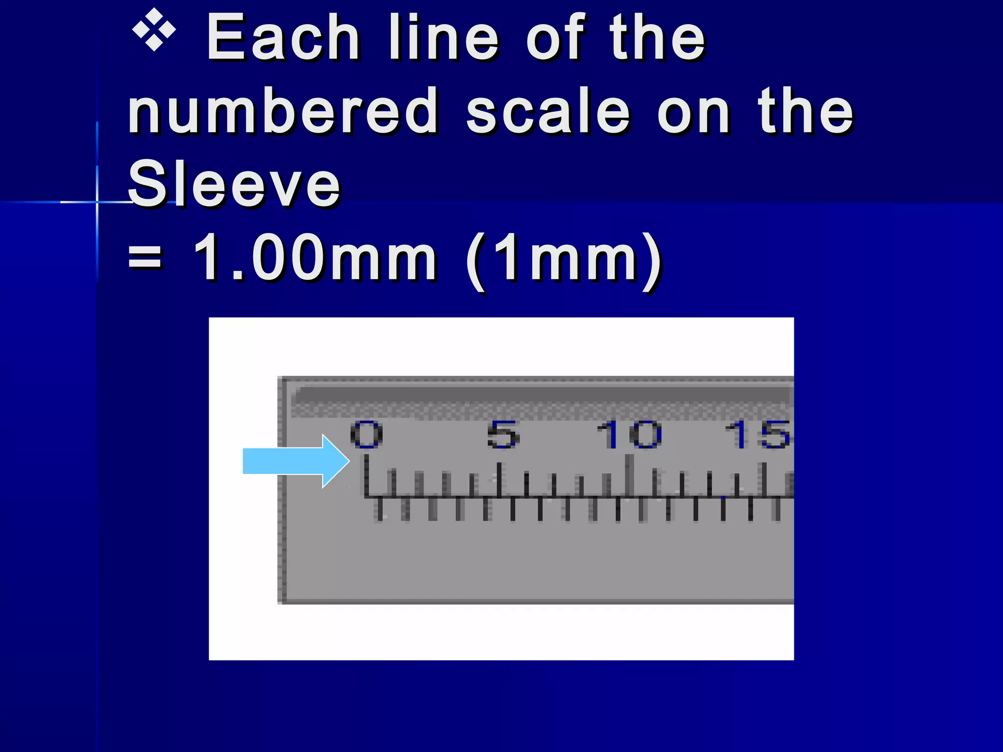  Each line of theEach line of the
numbered scale on thenumbered scale on the
SleeveSleeve
= 1.00mm (1mm)= 1.00mm (1mm)
 