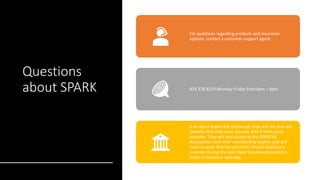 Questions
about SPARK
For questions regarding products and insurance
options, contact a customer support agent:
833.378.8219 Monday-Friday from 8am – 8pm
If an agent leaves the brokerage, they will not lose any
benefits that they have secured with a third-party
provider. They will lose access to the SPARK RE
Association once their membership expires and will
need to work directly with their chosen healthcare
provider during the next Open Enrollment period in
order to continue coverage.
 