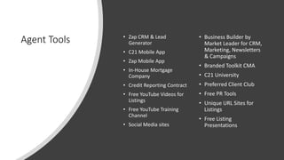 Agent Tools • Zap CRM & Lead
Generator
• C21 Mobile App
• Zap Mobile App
• In-House Mortgage
Company
• Credit Reporting Contract
• Free YouTube Videos for
Listings
• Free YouTube Training
Channel
• Social Media sites
• Business Builder by
Market Leader for CRM,
Marketing, Newsletters
& Campaigns
• Branded Toolkit CMA
• C21 University
• Preferred Client Club
• Free PR Tools
• Unique URL Sites for
Listings
• Free Listing
Presentations
 