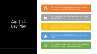 Zap | 21
Day Plan
Day 6: Use your mobile Zap CRM app to add another
new contact and send the Welcome e-mail
Day 7: Register for and attend the weekly Get Zapped!
Webinar series
Day 8: Use your Mobile Zap CRM to add a Property
insight while you are previewing or showing a property
Day 9: Use your Mobile Zap CRM app to add a Local
Insight
Day 10: Update Broker leads in your Priority Follow-ups
by sending an email or logging a phone call
 