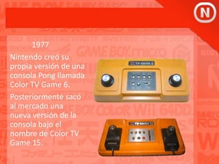 1977
Nintendo creó su
propia versión de una
consola Pong llamada
Color TV Game 6.
Posteriormente sacó
al mercado una
nueva versión de la
consola bajo el
nombre de Color TV
Game 15.
 