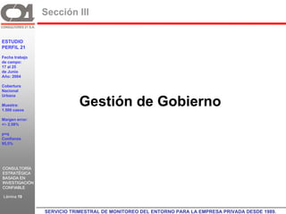 Sección III

ESTUDIO
PERFIL 21

Fecha trabajo
de campo:
17 al 25
de Junio
Año: 2004

Cobertura
Nacional
Urbana

Muestra:
1.500 casos
                             Gestión de Gobierno
Margen error:
+/- 2,58%

p=q
Confianza
95,5%




CONSULTORÍA
ESTRATÉGICA
BASADA EN
INVESTIGACIÓN
CONFIABLE

Lámina 19
                C21
                  SERVICIO TRIMESTRAL DE MONITOREO DEL ENTORNO PARA LA EMPRESA PRIVADA DESDE 1989. GR
 