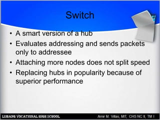 Switch
• A smart version of a hub
• Evaluates addressing and sends packets
only to addressee
• Attaching more nodes does not split speed
• Replacing hubs in popularity because of
superior performance
 