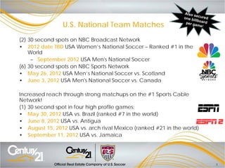 U.S. National Team Matches
(2) 30 second spots on NBC Broadcast Network
• 2012 date TBD USA Women’s National Soccer – Ranked #1 in the
    World
     – September 2012 USA Men's National Soccer
(6) 30 second spots on NBC Sports Network
• May 26, 2012 USA Men’s National Soccer vs. Scotland
• June 3, 2012 USA Men's National Soccer vs. Canada

Increased reach through strong matchups on the #1 Sports Cable
Network!
(1) 30 second spot in four high profile games:
• May 30, 2012 USA vs. Brazil (ranked #7 in the world)
• June 8, 2012 USA vs. Antigua
• August 15, 2012 USA vs. arch rival Mexico (ranked #21 in the world)
• September 11, 2012 USA vs. Jamaica




                                                                        3
 