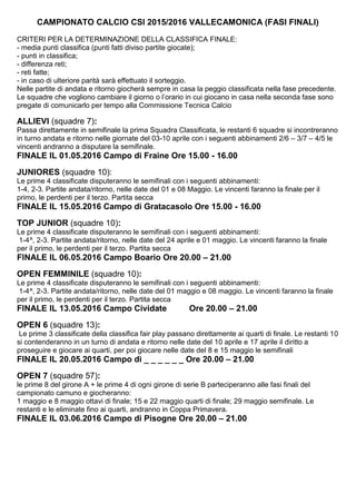CAMPIONATO CALCIO CSI 2015/2016 VALLECAMONICA (FASI FINALI)
CRITERI PER LA DETERMINAZIONE DELLA CLASSIFICA FINALE:
- media punti classifica (punti fatti diviso partite giocate);
- punti in classifica;
- differenza reti;
- reti fatte;
- in caso di ulteriore parità sarà effettuato il sorteggio.
Nelle partite di andata e ritorno giocherà sempre in casa la peggio classificata nella fase precedente.
Le squadre che vogliono cambiare il giorno o l’orario in cui giocano in casa nella seconda fase sono
pregate di comunicarlo per tempo alla Commissione Tecnica Calcio
ALLIEVI (squadre 7):
Passa direttamente in semifinale la prima Squadra Classificata, le restanti 6 squadre si incontreranno
in turno andata e ritorno nelle giornate del 03-10 aprile con i seguenti abbinamenti 2/6 – 3/7 – 4/5 le
vincenti andranno a disputare la semifinale.
FINALE IL 01.05.2016 Campo di Fraine Ore 15.00 - 16.00
JUNIORES (squadre 10):
Le prime 4 classificate disputeranno le semifinali con i seguenti abbinamenti:
1-4, 2-3. Partite andata/ritorno, nelle date del 01 e 08 Maggio. Le vincenti faranno la finale per il
primo, le perdenti per il terzo. Partita secca
FINALE IL 15.05.2016 Campo di Gratacasolo Ore 15.00 - 16.00
TOP JUNIOR (squadre 10):
Le prime 4 classificate disputeranno le semifinali con i seguenti abbinamenti:
1-4^, 2-3. Partite andata/ritorno, nelle date del 24 aprile e 01 maggio. Le vincenti faranno la finale
per il primo, le perdenti per il terzo. Partita secca
FINALE IL 06.05.2016 Campo Boario Ore 20.00 – 21.00
OPEN FEMMINILE (squadre 10):
Le prime 4 classificate disputeranno le semifinali con i seguenti abbinamenti:
1-4^, 2-3. Partite andata/ritorno, nelle date del 01 maggio e 08 maggio. Le vincenti faranno la finale
per il primo, le perdenti per il terzo. Partita secca
FINALE IL 13.05.2016 Campo Cividate Ore 20.00 – 21.00
OPEN 6 (squadre 13):
Le prime 3 classificate della classifica fair play passano direttamente ai quarti di finale. Le restanti 10
si contenderanno in un turno di andata e ritorno nelle date del 10 aprile e 17 aprile il diritto a
proseguire e giocare ai quarti, per poi giocare nelle date del 8 e 15 maggio le semifinali
FINALE IL 20.05.2016 Campo di _ _ _ _ _ _ Ore 20.00 – 21.00
OPEN 7 (squadre 57):
le prime 8 del girone A + le prime 4 di ogni girone di serie B parteciperanno alle fasi finali del
campionato camuno e giocheranno:
1 maggio e 8 maggio ottavi di finale; 15 e 22 maggio quarti di finale; 29 maggio semifinale. Le
restanti e le eliminate fino ai quarti, andranno in Coppa Primavera.
FINALE IL 03.06.2016 Campo di Pisogne Ore 20.00 – 21.00
 