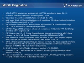 Mobile OriginationMobile Origination
1. UE is E UTRAN attached and registered with 1xRTT CS as defined in clause B.2.1.1.‑
2. UE makes a decision to perform a mobile originated CS call.
3. UE sends a Service Request (CS Fallback Indicator) to the MME.
4. MME sends S1-AP: UE Context Modification (UE capabilities, CS Fallback Indicator) to indicate
the E UTRAN to move the UE to 1xRTT.‑
5. E-UTRAN may optionally solicit a measurement report from the UE to determine the target
1xRTT cell to which the CS Fallback will be performed.
6. E-UTRAN triggers RRC connection release with redirection to 1xCS or inter-RAT Cell Change
Order to a 1xRTT neighbour cell.
7. E-UTRAN sends an S1 UE Context Release Request (Cause) message to the MME. Cause
indicates that the S1 UE Context Release was caused by CS fallback to 1xRTT.
8. MME sets the UE context to suspended status and sends to the S-GW a Suspend Request
(IMSI) message that requests the suspension of EPS bearers for the UE.
9. S-GW acknowledges the Suspend Request message and marks the UE as suspended. When a
downlink data arrives at the S-GW, the S-GW should not send a downlink data notification
message to the MME if the UE is marked as suspended.
10. S1 UE Context in the E-UTRAN is released as specified in TS 23.401 [2].
11. UE moves to 1xRTT and performs the procedure for mobile originating call as specified in
3GPP2 A.S0013 [18].
Once CS service ends in the 1xCS domain, the UE returns to E UTRAN by performing reselection.‑
The EPS service is resumed as described in clause 6.5.
 