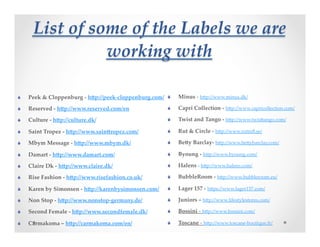 List%of%some%of%the%Labels%we%are%
working%with?
!  Peek$&$Cloppenburg$/$h1p://peek/cloppenburg.com/7
!  Reserved$/$h1p://www.reserved.com/en7
!  Culture$/$h1p://culture.dk/7
!  Saint$Tropez$/$h1p://www.sain1ropez.com/7
!  Mbym$Message$/$h1p://www.mbym.dk/7
!  Damart$/$h1p://www.damart.com/$7
!  Claire$Dk$/$h1p://www.claire.dk/7
!  Rise$Fashion$/$h1p://www.risefashion.co.uk/7
!  Karen$by$Simonsen$/$h1p://karenbysimonsen.com/7
!  Non$Stop$/$h1p://www.nonstop/germany.de/7
!  Second$Female$/$h1p://www.secondfemale.dk/7
!  Carmakoma$–$h1p://carmakoma.com/en/7
!  Minus&1&hAp://www.minus.dk/?
!  Capri$Collection$/$hAp://www.capricollection.com/?
!  Twist$and$Tango$/$hAp://www.twisAango.com/?
!  Rut$&$Circle$/$hAp://www.rutmﬂ.se/?
!  Be1y$Barclay/$hAp://www.beAybarclay.com/?
!  Byoung$/$hAp://www.byoung.com/?
!  Halens$/$hAp://www.halens.com/?
!  BubbleRoom$/$hAp://www.bubbleroom.eu/?
!  Lager$157$/$hAps://www.lager157.com/?
!  Juniors$–$hAp://www.lifestylestores.com/?
!  Bossini&1&hAp://www.bossini.com/?
!  Toscane&1&hAp://www.toscane1boutique.fr/?
?
 