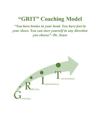 “GRIT” Coaching Model
“You have brains in your head. You have feet in
your shoes. You can steer yourself in any direction
you choose”- Dr. Seuss
Grounding
Reflection
Implementation
Transformation
 