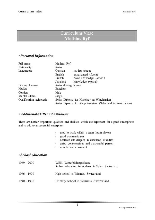 bewerbung linked in version curriculum vitae mathias ryf 1 07 september 2015 curriculum vitae mathias ryf personal information - Bewerbung 2015 bewerbung linked in version curriculum vitae mathias ryf 1 07 september 2015 curriculum vitae mathias ryf personal information - Bewerbung 2015