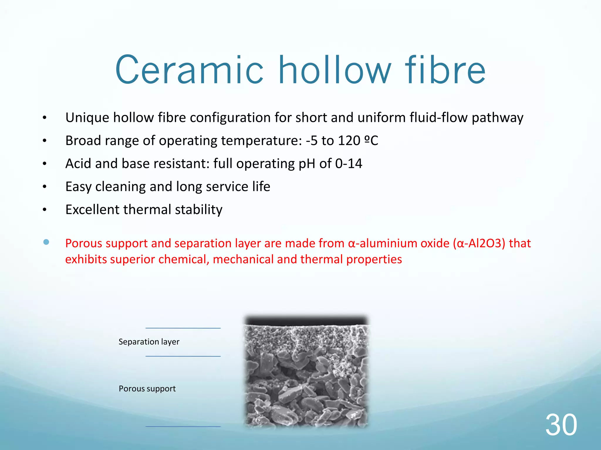 Ceramic hollow fibre
• Unique hollow fibre configuration for short and uniform fluid-flow pathway
• Broad range of operating temperature: -5 to 120 ºC
• Acid and base resistant: full operating pH of 0-14
• Easy cleaning and long service life
• Excellent thermal stability
 Porous support and separation layer are made from α-aluminium oxide (α-Al2O3) that
exhibits superior chemical, mechanical and thermal properties
30
Separation layer
Porous support
 