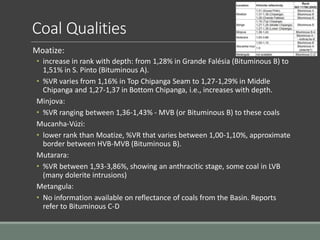 Coal Qualities
Moatize:
• increase in rank with depth: from 1,28% in Grande Falésia (Bituminous B) to
1,51% in S. Pinto (Bituminous A).
• %VR varies from 1,16% in Top Chipanga Seam to 1,27-1,29% in Middle
Chipanga and 1,27-1,37 in Bottom Chipanga, i.e., increases with depth.
Minjova:
• %VR ranging between 1,36-1,43% - MVB (or Bituminous B) to these coals
Mucanha-Vúzi:
• lower rank than Moatize, %VR that varies between 1,00-1,10%, approximate
border between HVB-MVB (Bituminous B).
Mutarara:
• %VR between 1,93-3,86%, showing an anthracitic stage, some coal in LVB
(many dolerite intrusions)
Metangula:
• No information available on reflectance of coals from the Basin. Reports
refer to Bituminous C-D
 