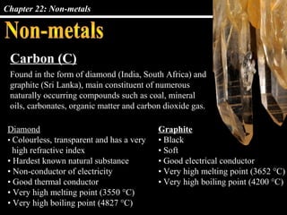 Chapter 22: Non-metals




 Carbon (C)
 Found in the form of diamond (India, South Africa) and
 graphite (Sri Lanka), main constituent of numerous
 naturally occurring compounds such as coal, mineral
 oils, carbonates, organic matter and carbon dioxide gas.

 Diamond                                    Graphite
 • Colourless, transparent and has a very   • Black
   high refractive index                    • Soft
 • Hardest known natural substance          • Good electrical conductor
 • Non-conductor of electricity             • Very high melting point (3652 °C)
 • Good thermal conductor                   • Very high boiling point (4200 °C)
 • Very high melting point (3550 °C)
 • Very high boiling point (4827 °C)
 