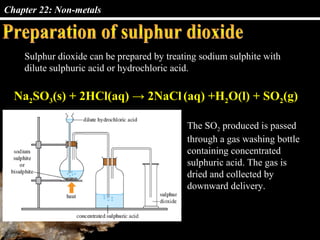 Chapter 22: Non-metals
Sulphur dioxide can be prepared by treating sodium sulphite with
dilute sulphuric acid or hydrochloric acid.
Na2SO3(s) + 2HCl(aq) → 2NaCl (aq) +H2O(l) + SO2(g)
The SO2 produced is passed
through a gas washing bottle
containing concentrated
sulphuric acid. The gas is
dried and collected by
downward delivery.
 