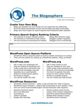 The Blogosphere
                                                                   © 2009, Patrick Schwerdtfeger



Create Your Own Blog
□       Blogs and websites can look similar but are organized very differently.
□       All of the latest technologies revolve around blogs and blog functionality.
□       Blogs rank much higher on search engines than traditional static websites.

Primary Search Engine Ranking Criteria
□       The quantity of unique relevant content.         [blogs often become huge]
□       The newness or freshness of that content.        [bloggers update regularly]
□       The link structure surrounding the website.      [bloggers link to everything]

Notes




WordPress Open Source Platform
□       WordPress offers a powerful option to build a website and blog at no charge.
□       There are two options for setting up a WordPress website / blog, as follows:

WordPress.com                                 WordPress.org
□       URL is http://xx.wordpress.com        □       URL is http://www.xx.com
□       Files are hosted at WordPress.com     □       Files are installed on your host
□       Traffic surge won’t overwhelm site    □       Traffic surge could overwhelm site
□       No technical knowledge required       □       Requires more technical knowledge
□       Upgrades occur automatically          □       You have to upgrade manually
□       Access to limited theme options       □       Access to more custom themes
□       No access to plugins                  □       Access to countless plugins
□       You cannot modify the code            □       You can modify the code directly

WordPress Resources
□       WordPress Theme Directory – select a look and feel from 100s of options.
□       WordPress Plugin Directory – plugins add functionality to your website / blog.
□       Here are some recommended plugins Tactical Execution uses regularly:
□       Akismet (comment spam)                □       cforms (custom online forms)
□       All-in-one SEO pack                   □       Twitter Tools (Twitter integration)
□       CommentLuv                            □       ShareThis (social bookmarking)
□       Global Translator                     □       Related Posts (based on tags)
□       Google XML Sitemaps                   □       WordPress Event Calendar


                              www.WebifyBook.com
 