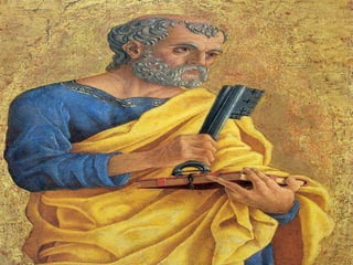 SÃO PEDRO: Simão
era um pescador de Betsaida,
estabelecido em Cafarnaum.
Cristo lhe muda o nome
e o chama "Pedra",
porque teria a missão de ser
a "pedra fundamental"
da futura comunidade (Igreja).
Simão Pedro é
uma das primeiras testemunhas
que vê o sepulcro vazio
e merece uma aparição especial
de Jesus ressuscitado.
Depois da ascensão, ele toma
a direção da comunidade cristã e
é o primeiro a tomar consciência
da necessidade de abrir a Igreja
aos pagãos. Essa missão
não o livra das deficiências
do seu temperamento.
 