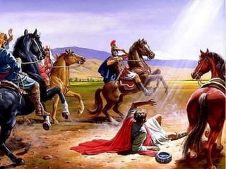 SÃO PAULO chega a Jesus por um caminho diferente.
Conhece-o como um adversário, que deve ser combatido, como
aquele que anuncia um deus diferente dos mestres de Israel...
Um dia no caminho de Damasco é iluminado por uma luz do alto
e compreende que Jesus crucificado é o Messias de Deus.
A partir daquele momento torna-se um Discípulo fiel
e um ardoroso Missionário que percorre,
em quatro ou cinco viagens, o mundo conhecido de então,
pregando o Evangelho e fundando novas comunidades cristãs.
 