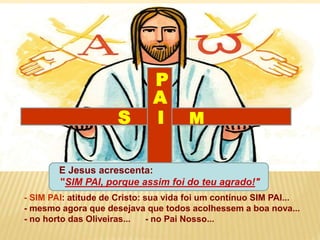 - SIM PAI: atitude de Cristo: sua vida foi um contínuo SIM PAI...
- mesmo agora que desejava que todos acolhessem a boa nova...
- no horto das Oliveiras... - no Pai Nosso...
E Jesus acrescenta:
"SIM PAI, porque assim foi do teu agrado!"
S I M
P
A
 