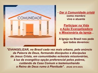 - Dar à Comunidade cristã
como membro
vivo e atuante
Participar na Vida
e Ação Evangelizadora
e Missionária da Igreja...
A Igreja no Brasil nos pede
que todos devemos:
"EVANGELIZAR, no Brasil cada vez mais urbano, pelo anúncio
da Palavra de Deus, formando discípulos e discípulas
de Jesus Cristo, em comunidades eclesiais missionárias,
à luz da evangélica opção preferencial pelos pobres,
cuidando da Casa Comum e testemunhando
o Reino de Deus rumo à Plenitude". (DGAE 2019-2023)
 