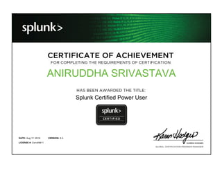 ANIRUDDHA SRIVASTAVA
Splunk Certified Power User
Aug 17, 2016DATE: 6.3VERSION:
Cert-89811LICENSE #:
 