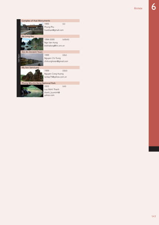 143
Annex 6
VietNam
Complex of Hué Monuments
1993 (iv)
Phung Phu
huedisan@gmail.com
Ha Long Bay
1994-2000 (vii)(viii)
Ngo Van Hung
btsthalong@hn.vnn.vn
Hoi An Ancient Town
1999 (ii)(v)
Nguyen Chi Trung
chitrunghoian@gmail.com
My Son Sanctuary
1999 (ii)(iii)
Nguyen Cong Huong
tanlap75@yahoo.com.vn
Phong Nha-Ke Bang National Park
2003 (viii)
Luu Minh Thanh
thanh_luuminh@
yahoo.com
 