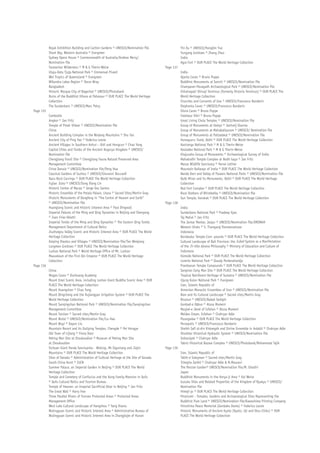 Royal Exhibition Building and Carlton Gardens © UNESCO/Nomination file
Shark Bay, Western Australia © Evergreen
Sydney Opera House © Commonwealth of Australia/Andrew Merry/
Nomination file
Tasmanian Wilderness © M  G Therin-Weise
Uluru-Kata Tjuta National Park © Emmanuel Pivard
Wet Tropics of Queensland © Evergreen
Willandra Lakes Region © Steve Wray
Bangladesh
Historic Mosque City of Bagerhat © UNESCO/Photobank
Ruins of the Buddhist Vihara at Paharpur © OUR PLACE The World Heritage
Collection
The Sundarbans © UNESCO/Marc Patry
Page 135
Cambodia
Angkor © Jan Fritz
Temple of Preah Vihear © UNESCO/Nomination file
China
Ancient Building Complex in the Wudang Mountains © Shu Tao
Ancient City of Ping Yao © Federica Leone
Ancient Villages in Southern Anhui – Xidi and Hongcun © Chao Yang
Capital Cities and Tombs of the Ancient Koguryo Kingdom © UNESCO/
Nomination file
Chengjiang Fossil Site © Chengjiang Fauna Natural Preserved Area
Management Committee
China Danxia © UNESCO/Nomination file/Peng Hua
Classical Gardens of Suzhou © UNESCO/Giovanni Boccardi
Dazu Rock Carvings © OUR PLACE The World Heritage Collection
Fujian Tulou © UNESCO/Song Xiang Lin
Historic Centre of Macao © Serge Dos Santos
Historic Ensemble of the Potala Palace, Lhasa © Sacred Sites/Martin Gray
Historic Monuments of Dengfeng in “The Centre of Heaven and Earth”
© UNESCO/Nomination file
Huanglong Scenic and Historic Interest Area © Paul Dingwall
Imperial Palaces of the Ming and Qing Dynasties in Beijing and Shenyang
© Juan Frias-Velatti
Imperial Tombs of the Ming and Qing Dynasties © The Eastern Qing Tombs
Management Department of Cultural Relics
Jiuzhaigou Valley Scenic and Historic Interest Area © OUR PLACE The World
Heritage Collection
Kaiping Diaolou and Villages © UNESCO/Nomination file/Tan Weiqiang
Longmen Grottoes © OUR PLACE The World Heritage Collection
Lushan National Park © World Heritage Office of Mt. Lushan
Mausoleum of the First Qin Emperor © OUR PLACE The World Heritage
Collection
Page 136
China
Mogao Caves © Dunhuang Academy
Mount Emei Scenic Area, including Leshan Giant Buddha Scenic Area © OUR
PLACE The World Heritage Collection
Mount Huangshan © Chao Yang
Mount Qingcheng and the Dujiangyan Irrigation System © OUR PLACE The
World Heritage Collection
Mount Sanqingshan National Park © UNESCO/Nomination file/Sanqingshan
Management Committee
Mount Taishan © Sacred sites/Martin Gray
Mount Wutai © UNESCO/Nomination file/Liu Hao
Mount Wuyi © Dayon Liu
Mountain Resort and its Outlying Temples, Chengde © Pei Hongye
Old Town of Lijiang © Fiona Starr
Peking Man Site at Zhoukoudian © Museum of Peking Man Site
at Zhoukoudian
Sichuan Giant Panda Sanctuaries - Wolong, Mt Siguniang and Jiajin
Mountains © OUR PLACE The World Heritage Collection
Sites of Xanadu © Administration of Cultural Heritage at the Site of Xanadu
South China Karst © IUCN
Summer Palace, an Imperial Garden in Beijing © OUR PLACE The World
Heritage Collection
Temple and Cemetery of Confucius and the Kong Family Mansion in Qufu
© Qufu Cultural Relics and Tourism Bureau
Temple of Heaven: an Imperial Sacrificial Altar in Beijing © Jan Fritz
The Great Wall © Harry Few
Three Parallel Rivers of Yunnan Protected Areas © Protected Areas
Management Office
West Lake Cultural Landscape of Hangzhou © Yang Xiaoru
Wulingyuan Scenic and Historic Interest Area © Administrative Bureau of
Wulingyuan Scenic and Historic Interest Area in Zhangjiajie of Hunan
Yin Xu © UNESCO/Hongbin Yue
Yungang Grottoes © Zhang Zhuo
India
Agra Fort © OUR PLACE The World Heritage Collection
Page 137
India
Ajanta Caves © Bruno Poppe
Buddhist Monuments at Sanchi © UNESCO/Nomination file
Champaner-Pavagadh Archaeological Park © UNESCO/Nomination file
Chhatrapati Shivaji Terminus (formerly Victoria Terminus) © OUR PLACE The
World Heritage Collection
Churches and Convents of Goa © UNESCO/Francesco Bandarin
Elephanta Caves © UNESCO/Francesco Bandarin
Ellora Caves © Bruno Poppe
Fatehpur Sikri © Bruno Poppe
Great Living Chola Temples © UNESCO/Nomination file
Group of Monuments at Hampi © Janhwij Sharma
Group of Monuments at Mahabalipuram © UNESCO/ Nomination file
Group of Monuments at Pattadakal © UNESCO/Nomination file
Humayun›s Tomb, Delhi © OUR PLACE The World Heritage Collection
Kaziranga National Park © M  G Therin-Weise
Keoladeo National Park © M  G Therin-Weise
Khajuraho Group of Monuments © Archaeological Survey of India
Mahabodhi Temple Complex at Bodh Gaya © Jan Fritz
Manas Wildlife Sanctuary © Herve Lethier
Mountain Railways of India © OUR PLACE The World Heritage Collection
Nanda Devi and Valley of Flowers National Parks © UNESCO/Nomination file
Qutb Minar and its Monuments, Delhi © OUR PLACE The World Heritage
Collection
Red Fort Complex © OUR PLACE The World Heritage Collection
Rock Shelters of Bhimbetka © UNESCO/Nomination file
Sun Temple, Konârak © OUR PLACE The World Heritage Collection
Page 138
India
Sundarbans National Park © Pradeep Vyas
Taj Mahal © Jan Fritz
The Jantar Mantar, Jaipur © UNESCO/Nomination file/DRONAH
Western Ghats © S. Thangaraj Panneerselvam
Indonesia
Borobudur Temple Com- pounds © OUR PLACE The World Heritage Collection
Cultural Landscape of Bali Province: the Subak System as a Manifestation
of the Tri Hita Karana Philosophy © Ministry of Education and Culture of
Indonesia
Komodo National Park © OUR PLACE The World Heritage Collection
Lorentz National Park © Glaudy Perdanahardja
Prambanan Temple Compounds © OUR PLACE The World Heritage Collection
Sangiran Early Man Site © OUR PLACE The World Heritage Collection
Tropical Rainforest Heritage of Sumatra © UNESCO/Nomination file
Ujung Kulon National Park © Evergreen
Iran, Islamic Republic of
Armenian Monastic Ensembles of Iran © UNESCO/Nomination file
Bam and its Cultural Landscape © Sacred sites/Martin Gray
Bisotun © UNESCO/Babak Sedighi
Gonbad-e Qabus © Atusa Momeni
Masjed-e Jamé of Isfahan © Atusa Momeni
Meidan Emam, Esfahan © Chahryar Adle
Pasargadae © OUR PLACE The World Heritage Collection
Persepolis © UNESCO/Francesco Bandarin
Sheikh Safi al-din Khanegah and Shrine Ensemble in Ardabil © Chahryar Adle
Shushtar Historical Hydraulic System © UNESCO/Nomination file
Soltaniyeh © Chahryar Adle
Tabriz Historical Bazaar Complex © UNESCO/Photobank/Mohammad Tajik
Page 139
Iran, Islamic Republic of
Takht-e Soleyman © Sacred sites/Martin Gray
Tchogha Zanbil © Chahryar Adle  M.Mousavi
The Persian Garden© UNESCO/Nomination file/M. Ghadiri
Japan
Buddhist Monuments in the Horyu-ji Area © Kai Weise
Gusuku Sites and Related Properties of the Kingdom of Ryukyu © UNESCO/
Nomination file
Himeji-jo © OUR PLACE The World Heritage Collection
Hiraizumi - Temples, Gardens and Archaeological Sites Representing the
Buddhist Pure Land © UNESCO/Nomination file/Kawashima Printing Company
Hiroshima Peace Memorial (Genbaku Dome) © Federica Leone
Historic Monuments of Ancient Kyoto (Kyoto, Uji and Otsu Cities) © OUR
PLACE The World Heritage Collection
 