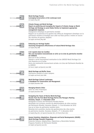 Published within the World Heritage Series
World Heritage paperspapers21papers21papers
World Heritage Forests
Leveraging Conservation at the Landscape Level
(In English) May 2007
World Heritage paperspapers22papers22papers
Climate Change and World Heritage
Report on predicting and managing the impacts of climate change on World
Heritage and Strategy to assist States Parties to implement appropriate
management responses
Changement climatique et patrimoine mondial
Rapport sur la prévision et la gestion des effets du changement climatique sur le
patrimoine mondial et Stratégie pour aider les États parties à mettre en oeuvre
des réactions de gestion adaptées
(In English and French) May 2007
World Heritage paperspapers23papers23papers
Enhancing our Heritage Toolkit
Assessing management effectiveness of natural World Heritage sites
(In English) May 2008
World Heritage paperspapers24papers24papers
L’art rupestre dans les Caraïbes
Vers une inscription transnationale en série sur la Liste du patrimoine mondial
de l’UNESCO
Rock Art in the Caribbean
Towards a serial transnational nomination to the UNESCO World Heritage List
Arte Rupestre en el Caribe
Hacia una nominación transnacional seriada a la Lista del Patrimonio Mundial de
la UNESCO
(In French, English and Spanish) June 2008
World Heritage paperspapers25papers25papers
World Heritage and Buffer Zones
Patrimoine mondial et zones tampons
(In English and French) April 2009
World Heritage paperspapers26papers26papers
World Heritage Cultural Landscapes
A Handbook for Conservation and Management
(In English) December 2009
World Heritage paperspapers27papers27papers
Managing Historic Cities
Gérer les villes historiques
(In English) December 2009
World Heritage paperspapers28papers28papers
Navigating the Future of Marine World Heritage
Results from the first World Heritage Marine Site Managers Meeting
Honolulu, Hawaii, 1–3 December 2010
Navegando el Futuro del Patrimonio Mundial Marino
Resultados de la primera reunión de administradores de sitios marinos
del Patrimonio Mundial, Honolulu (Hawai), 1–3 de diciembre de 2010
Cap sur le futur du patrimoine mondial marin
Résultats de la première réunion des gestionnaires des sites marins
du patrimoine mondial, Honolulu (Hawaii), 1er–3 décembre 2010
(In English) May 2011; (In Spanish) December 2011; (In French) March 2012
World Heritage paperspapers29papers29papers
Human Evolution: Adaptations, Dispersals and Social Developments (HEADS)
World Heritage Thematic Programme
Evolución Humana: Adaptaciones, Migraciones y Desarrollos Sociales
Programa Temático de Patrimonio Mundial
(In English and Spanish) June 2011
 