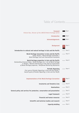 Table of Contents
Foreword
Kishore Rao, Director of the UNESCO World Heritage Centre
Page 5
Introduction Page 6
Acknowledgements Page 9
Background Page 11
Introduction to cultural and natural heritage in Asia and the Pacific Page 12
World Heritage Convention in Asia and the Pacific
States Parties / World Heritage Committee /
World Heritage Fund and International Assistance
Page 16
World Heritage properties in Asia and the Pacific
Outstanding Universal Value / World Heritage List / List of World Heritage
in Danger / Reactive Monitoring on the state of conservation
of World Heritage properties / Reinforced Monitoring Mechanism
Page 20
Periodic Reporting
First cycle of Periodic Reporting in Asia and the Pacific /
Second cycle of Periodic Reporting in Asia and the Pacific
Page 24
Implementation of the World Heritage Convention
2
Page 27
Inventories and Tentative Lists Page 28
Nominations Page 30
General policy and services for protection, conservation and presentation Page 32
Legal framework Page 38
Financial and human resources Page 39
Scientific and technical studies and research Page 42
Capacity-building Page 44
 