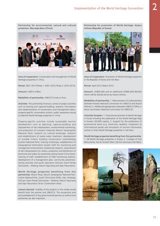 53
Implementation of the World Heritage Convention 2
Partnership for environmental, natural and cultural
protection: Mercedes-Benz (China)
Area of cooperation: Conservation and management of World
Heritage properties in China.
Period: 2007–2013 (Phase 1: 2007–2010; Phase 2: 2010–2013).
Amount: US$3.4 million.
Modalities of partnership: UNESCO Funds-in-Trust.
Activities: The partnership finances a series of project activities
such as training and capacity-building, research, formulation
and implementation of conservation and management plans,
property-specific conservation actions, public awareness-raising
at selected World Heritage properties in China.
Property-specific activities include sustainable tourism
development such as planning, capacity-building and
improvement of site interpretation, environmental monitoring,
and production of outreach materials (Mount Sanqingshan
National Park); research on cultural landscape, research
and establishment of waste water treatment, development
of suitable historic building conservation methodology
(Lushan National Park); training workshops, establishment of
Geographical Information System (GIS) for monitoring and
management enhancement, biodiversity research, improvement
of site interpretations for visitors, production and distribution of
brochures and videos for awareness-raising (South China Karst);
training of staff, establishment of field monitoring stations,
development of a management plan, community awareness-
raising activities and youth education (Sichuan Giant Panda
Sanctuaries – Wolong, Mount Siguniang and Jiajin Mountains).
World Heritage properties benefiting from this
partnership: Mount Wuyi, Mount Sanqingshan National Park,
Lushan National Park, South China Karst (Shilin, Libo, Wulong),
Sichuan Giant Panda Sanctuaries - Wolong, Mount Siguniang
and Jiajin Mountains (Ya’an Conservation Area).
Lessons learned: Visibility of the projects to the media would
benefit both the partner and UNESCO. The recognition and
acknowledgement of key governmental partners as well as local
authorities are also important.
Partnership for promotion of World Heritage: Asiana
Airlines (Republic of Korea)
Area of cooperation: Promotion of World Heritage properties
in the Republic of Korea and Viet Nam.
Period: April 2012–March 2013.
Amount: US$60,000 and an additional US$60,000–80,000
which will be directly borne by Asiana Airlines.
Modalities of partnership: 1. Memorandum of Understanding
(between Korean National Commission for UNESCO and Asiana
Airlines); 2. Additional appropriation (between UNESCO Office in
Hanoi and Korean National Commission for UNESCO).
Activities foreseen: 1. Promotional activities of World Heritage
in Korea including the publication of the World Heritage Map
in Korean (30,000 copies); 2. Support for the publication of
promotional items (e.g. brochures, leaflets), instalment of
informational panels and renovation of tourism information
centres in three World Heritage properties in Viet Nam.
World Heritage properties benefiting from this partnership:
1. All World Heritage properties in Korea; 2. Complex of Hué
Monuments, Hoi An Ancient Town, My Son Sanctuary (Viet Nam).
 