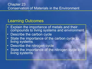 [object Object],[object Object],[object Object],[object Object],[object Object],Chapter 23 Conservation of Materials in the Environment Learning Outcomes 