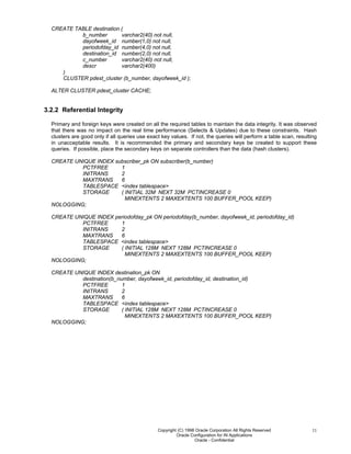 Copyright (C) 1998 Oracle Corporation All Rights Reserved
Oracle Configuration for IN Applications
Oracle - Confidential
11
CREATE TABLE destination (
b_number varchar2(40) not null,
dayofweek_id number(1,0) not null,
periodofday_id number(4,0) not null,
destination_id number(2,0) not null,
c_number varchar2(40) not null,
descr varchar2(400)
)
CLUSTER pdest_cluster (b_number, dayofweek_id );
ALTER CLUSTER pdest_cluster CACHE;
3.2.2 Referential Integrity
Primary and foreign keys were created on all the required tables to maintain the data integrity. It was observed
that there was no impact on the real time performance (Selects & Updates) due to these constraints. Hash
clusters are good only if all queries use exact key values. If not, the queries will perform a table scan, resulting
in unacceptable results. It is recommended the primary and secondary keys be created to support these
queries. If possible, place the secondary keys on separate controllers than the data (hash clusters).
CREATE UNIQUE INDEX subscriber_pk ON subscriber(b_number)
PCTFREE 1
INITRANS 2
MAXTRANS 6
TABLESPACE <index tablespace>
STORAGE ( INITIAL 32M NEXT 32M PCTINCREASE 0
MINEXTENTS 2 MAXEXTENTS 100 BUFFER_POOL KEEP)
NOLOGGING;
CREATE UNIQUE INDEX periodofday_pk ON periodofday(b_number, dayofweek_id, periodofday_id)
PCTFREE 1
INITRANS 2
MAXTRANS 6
TABLESPACE <index tablespace>
STORAGE ( INITIAL 128M NEXT 128M PCTINCREASE 0
MINEXTENTS 2 MAXEXTENTS 100 BUFFER_POOL KEEP)
NOLOGGING;
CREATE UNIQUE INDEX destination_pk ON
destination(b_number, dayofweek_id, periodofday_id, destination_id)
PCTFREE 1
INITRANS 2
MAXTRANS 6
TABLESPACE <index tablespace>
STORAGE ( INITIAL 128M NEXT 128M PCTINCREASE 0
MINEXTENTS 2 MAXEXTENTS 100 BUFFER_POOL KEEP)
NOLOGGING;
 